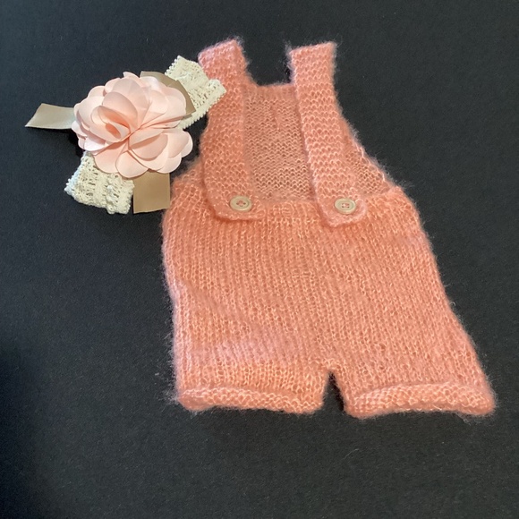 121. Peach Mohair Baby Knit Overall & Headband Set Photoshoot Outfit EUC - Picture 3 of 4
